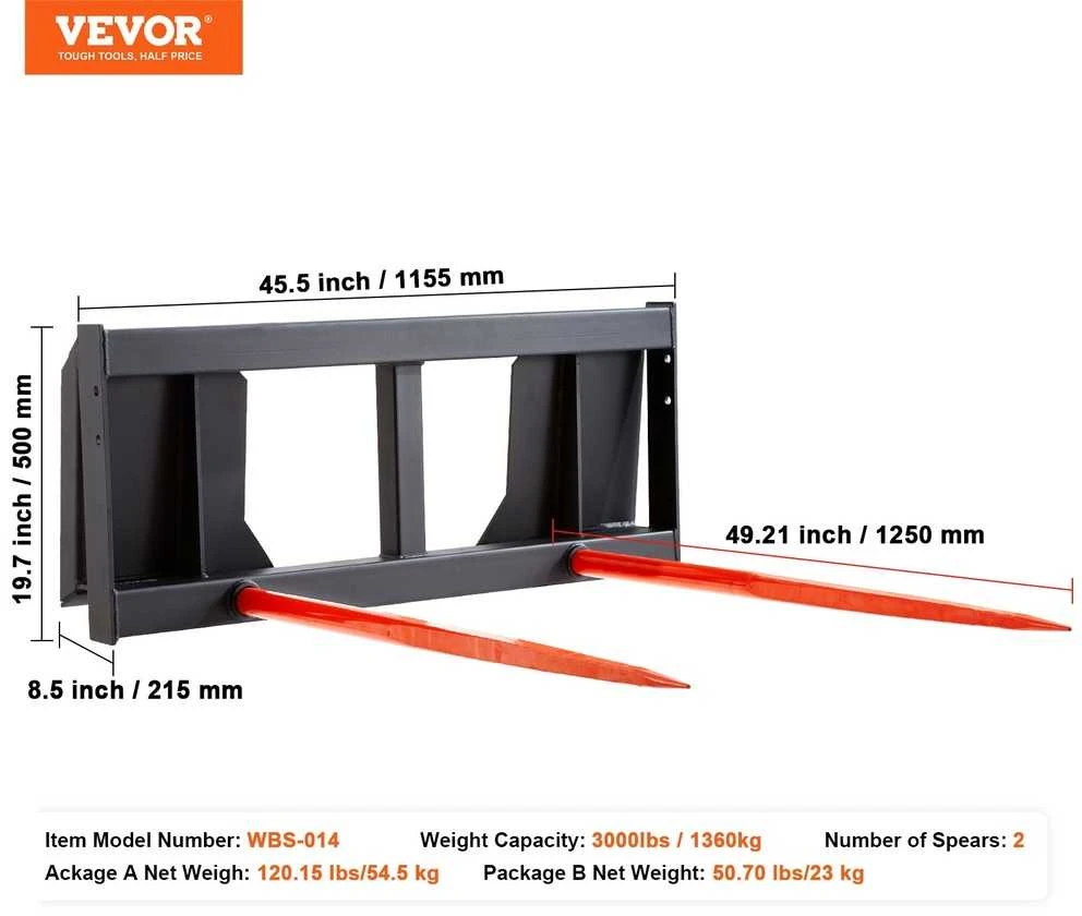 Šieno iešmas, 124.46 cm, 1360 kg, krautuvo priedas, 2 vnt., šakės, greito tvirtinimo iešmai, šakių priedas traktoriui, greito pajungimo šakės