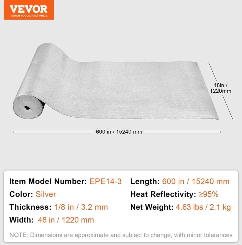 VEVOR Dviejų sluoksnių šiluminė izoliacija 122 cm x 15,2 m