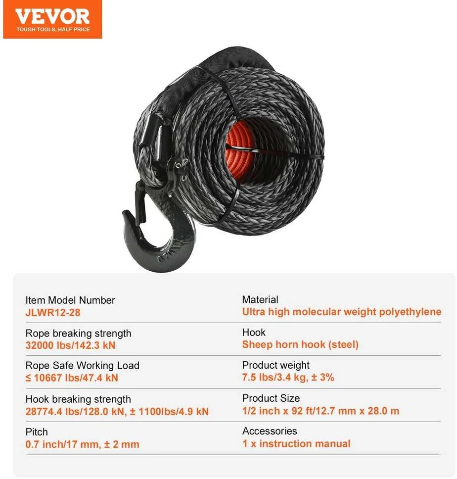 Sintetinė gervės virvė visureigiams, sunkvežimiams ir bekelės transporto priemonėms, 1/2 colio x 28 metrų gervės kabelis, 14514 kg gervės virvė, bekelės gervės lynas