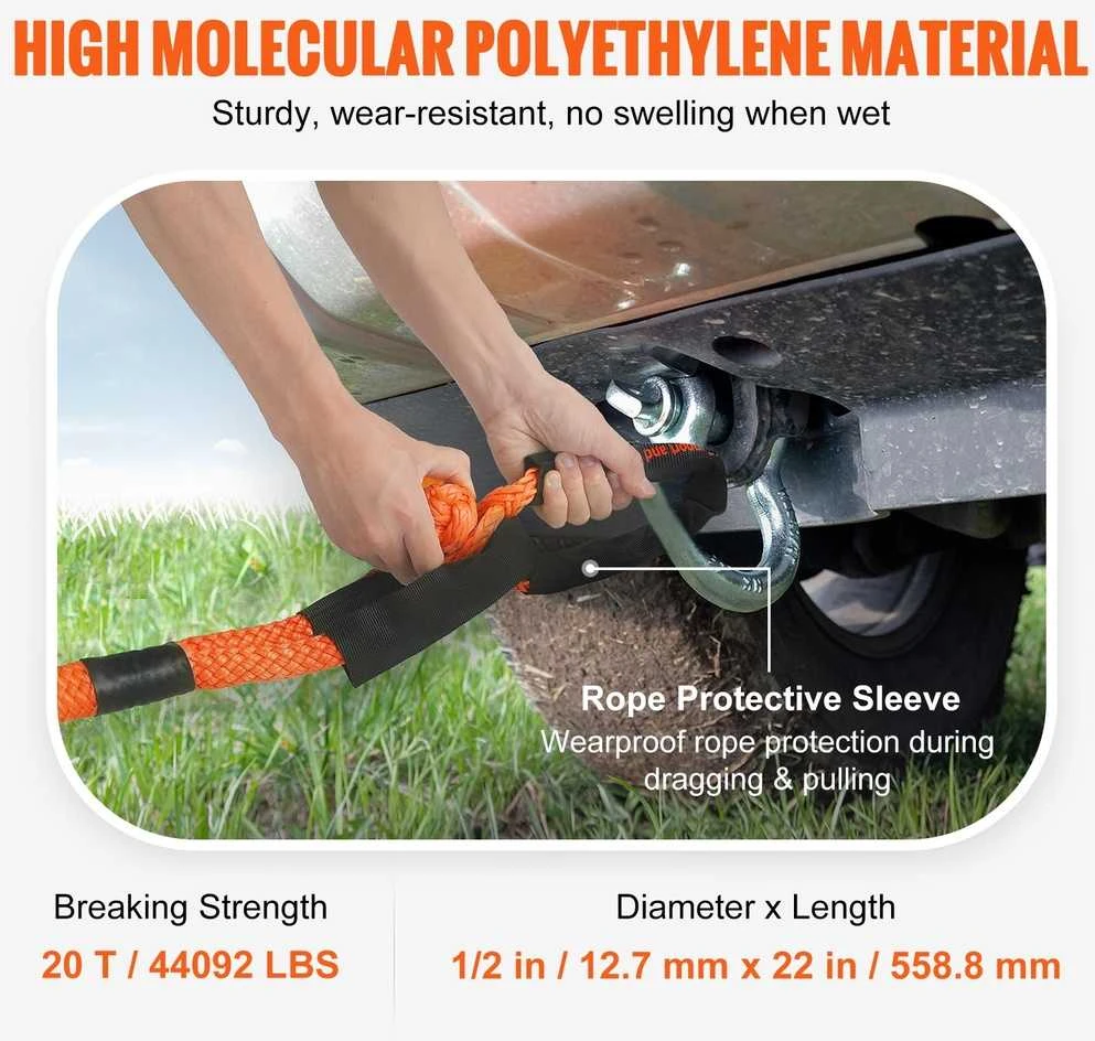 Sintetiniai minkšti šakliai, 2 vnt., 20 t, oranžinė vilkimo virvė, 12.7 mm, lengvi, gelbėjimo stropas, buksyravimo lynas