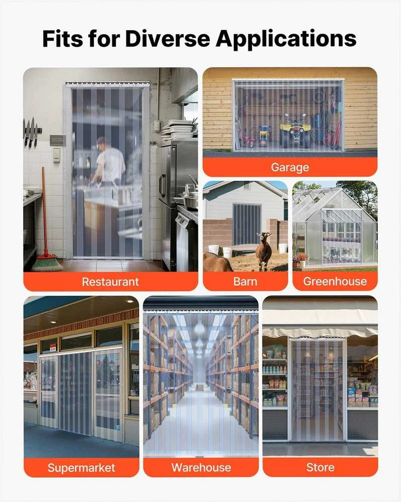 Skaidri PVC juostinė užuolaida, 2.4m x 1.5m, 10 vnt. šaldymo kameroms ir sandėliams, lanksčios plastikinės durų juostos, vandeniui atspari termoizoliacinė užuolaida, pramoninė apsauga