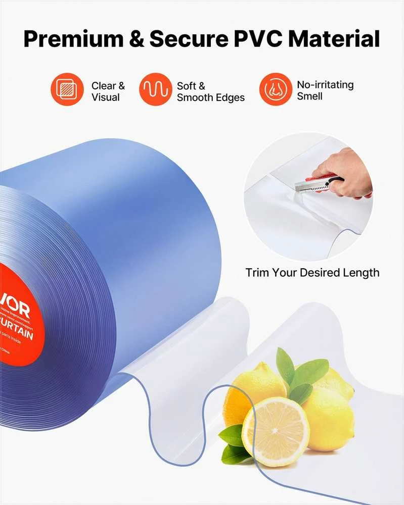 Skaidri PVC juostinė užuolaida šaldymo kameroms, sunkiasvorė, plastikinių durų juostų rulonas, pramoninė izoliacija sandėliams, garažams ir prekybos centrams, 30.8 m x 30.5 cm x 3 mm