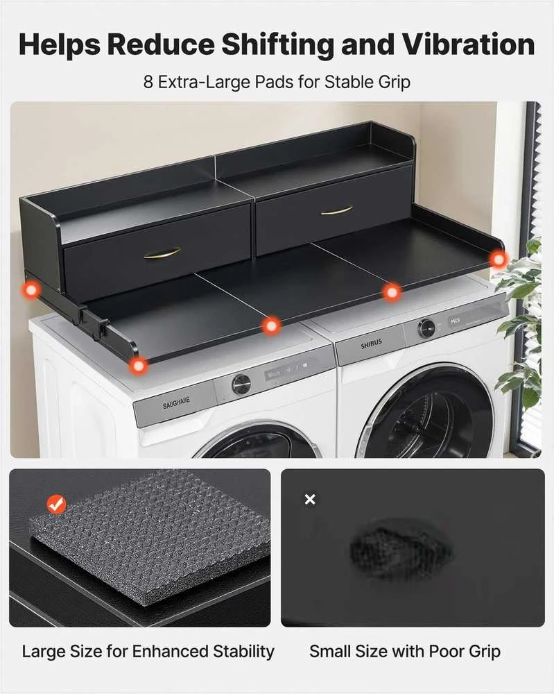 VEVOR Skalbyklės ir džiovyklės stalviršis su lentyna, 137 x 69.9 cm medinis antstatas su 2 stalčiais ir kabliukais, skalbimo mašinos viršus skalbyklos organizavimui, juodas