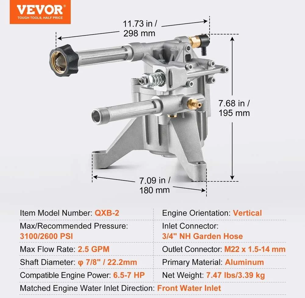 Slėginio plovimo siurblio 22.2 mm velenas vertikalus 3100 PSI 2.5GPM, aukšto slėgio pakaitinis siurblys su 5 purkštukais