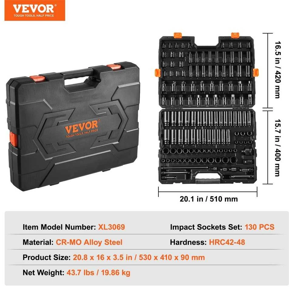 VEVOR Smūginiai veržliarakčiai 130 vnt. 3/8" ir 1/2"