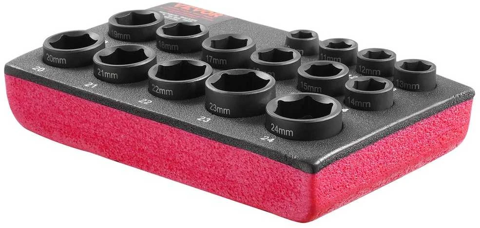 Smūginių galvučių komplektas 15vnt 3/8", 6-kampės, 10-24mm, auto remontui, galvutės, įrankių rinkinys