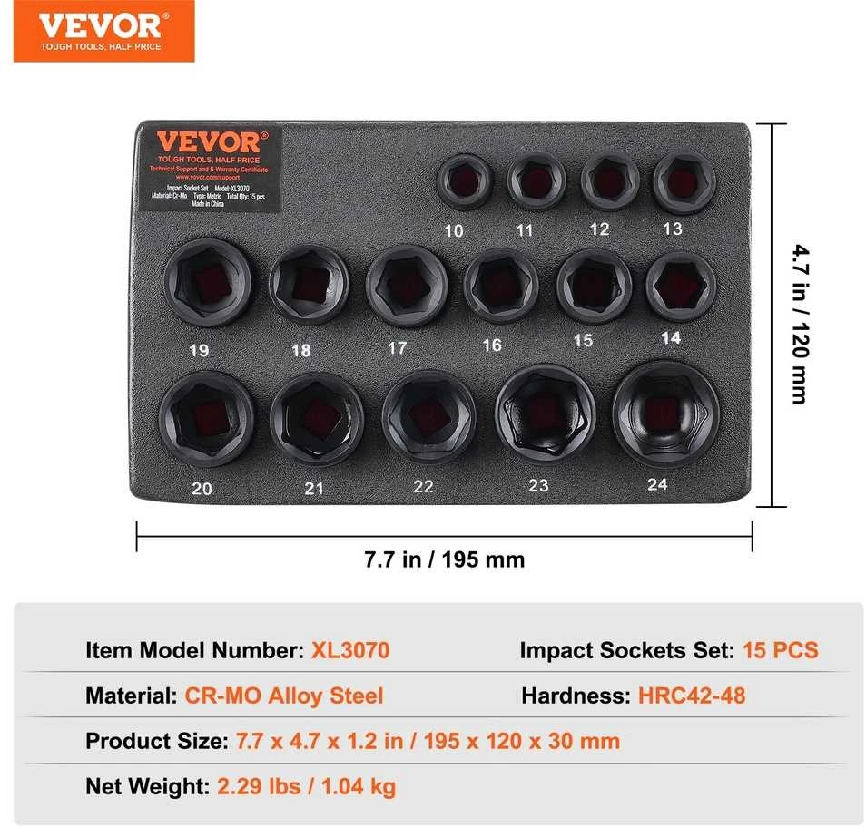 Smūginių galvučių komplektas 15vnt 3/8", 6-kampės, 10-24mm, auto remontui, galvutės, įrankių rinkinys