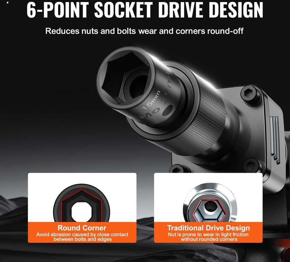 Smūginių galvučių komplektas 15vnt 3/8", 6-kampės, 10-24mm, auto remontui, galvutės, įrankių rinkinys