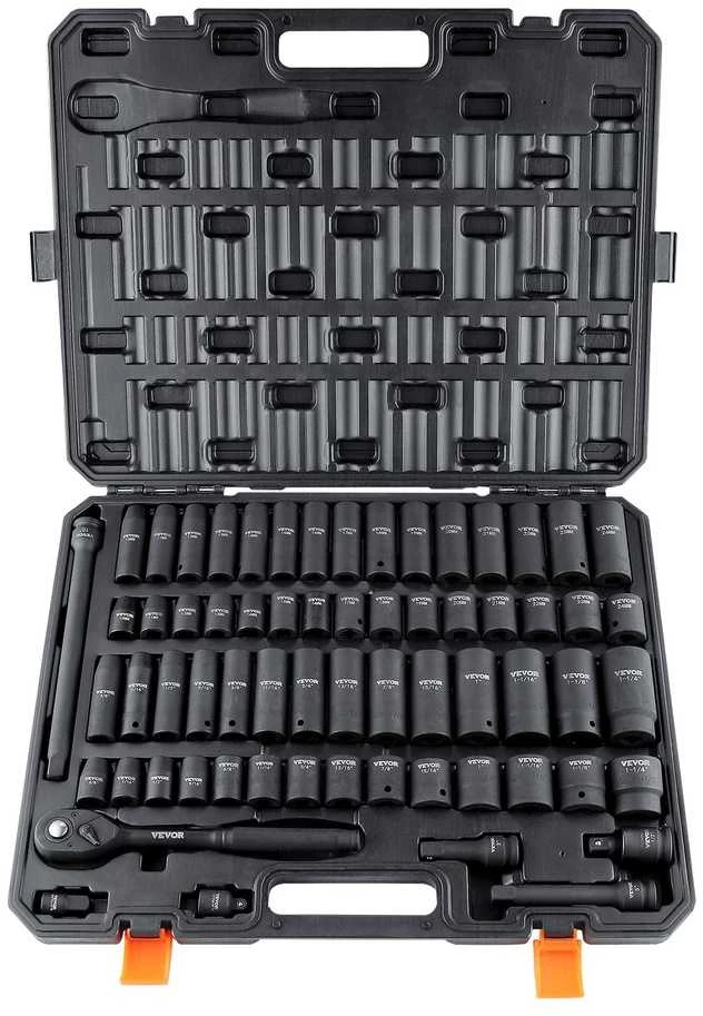 Smūginių galvučių komplektas, 65 vnt., 3/8–1-1/4" ir 10–24 mm, Cr-V, auto remontui, profesionalams, galvučių rinkinys