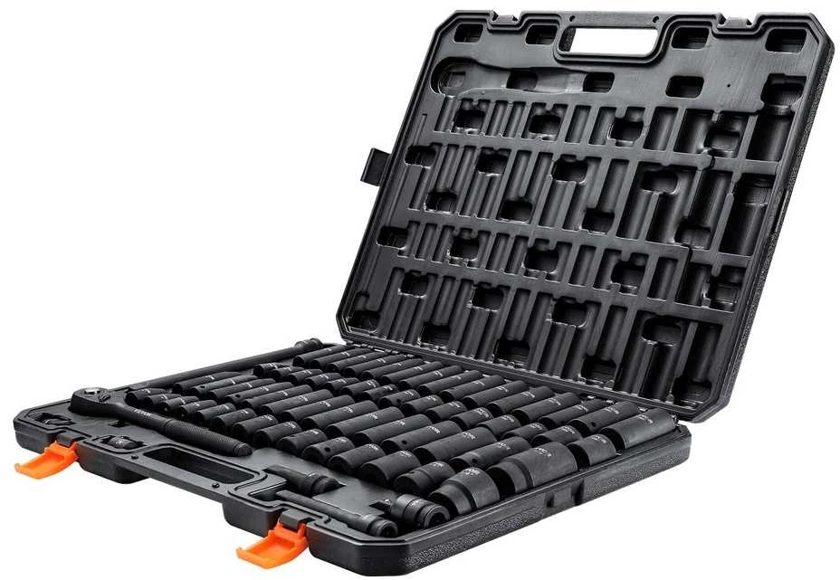 Smūginių galvučių komplektas, 65 vnt., 3/8–1-1/4" ir 10–24 mm, Cr-V, auto remontui, profesionalams, galvučių rinkinys