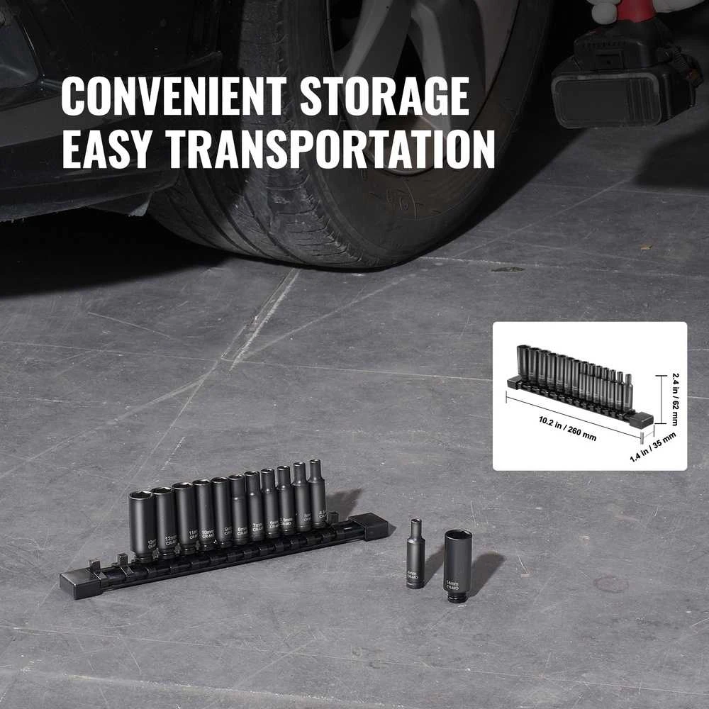 Smūginių galvučių rinkinys, 14 dalių, metriniai dydžiai, Cr-Mo plienas, 6 taškų dizainas, lazeriu graviruoti ženklinimas, galvučių laikiklis