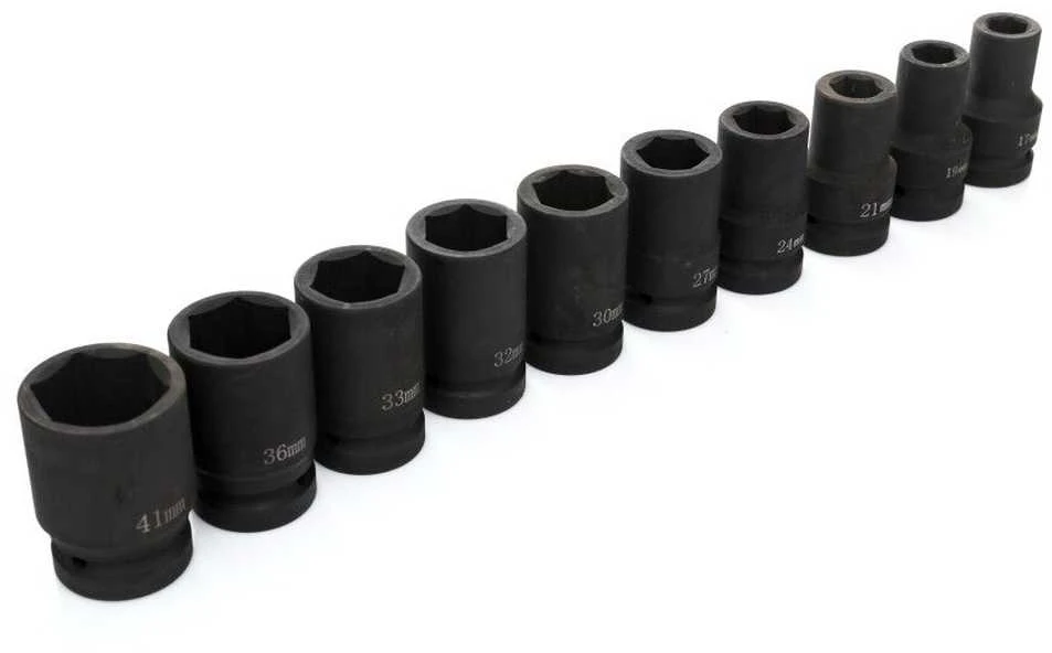 Smūginių galvučių rinkinys, 25.4 mm tvirtinimo kvadratas, 6-kampės smūginės galvutės, didelės apkrovos smūginės galvutės, 17-41 mm smūginių galvučių rinkinys