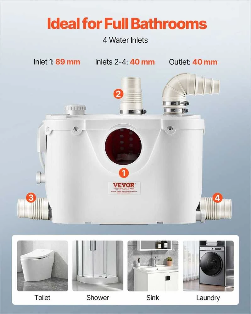 Smulkinimo siurblys nuotekoms ir tualetui, 500W 4 įleidimo angos, 110 L/min srautas 8 m kėlimas, rūsiui dušui kriauklei skalbyklai voniai, nuotekų šalinimo įrenginys, fekalinis siurblys