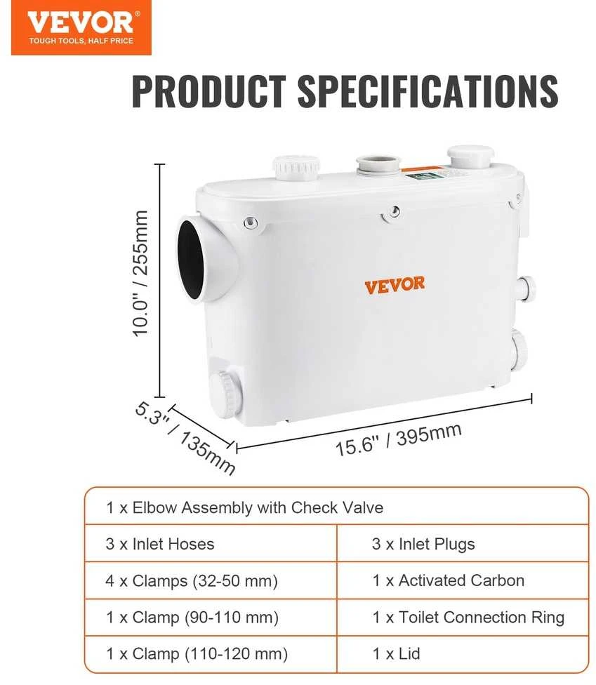 VEVOR Macerator šliužo siurblys 500W su 3 įėjimais