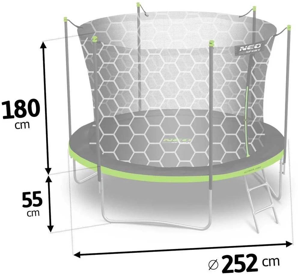 Sodo batutas 252 cm su apsauginiu tinklu ir kopėčiomis, lauko batutas, apvalus batutas, batutas vaikams