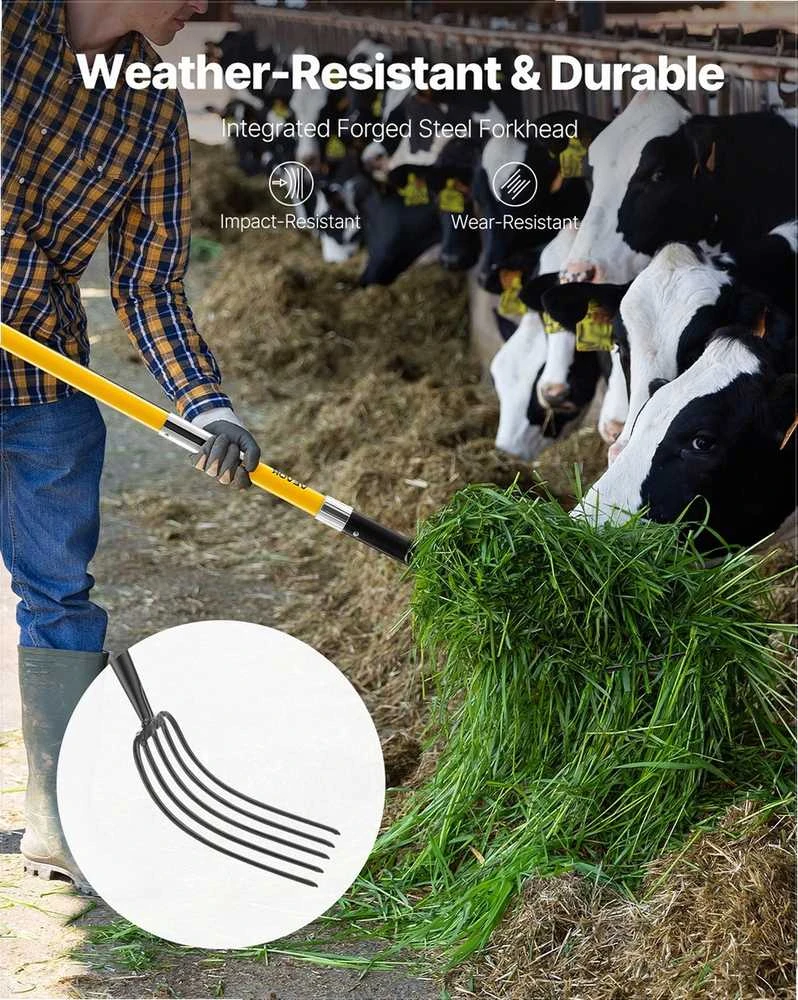 Sodo šakės 5 nagų su stiklo pluošto rankena, kalto plieno šakės šienui ir kompostui, 1450 mm ilgio sodo šakės, universalus sodo įrankis, žemės ūkio šakės