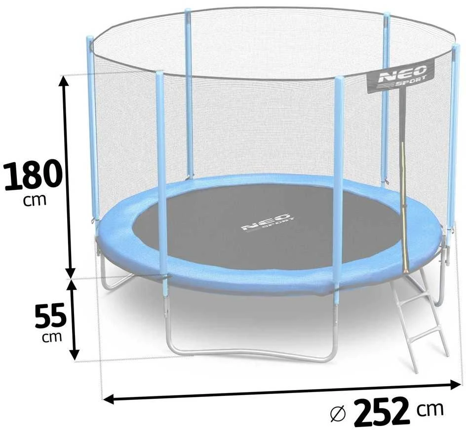 Sodo trampolinas 252 cm su apsauginiu tinklu ir kopėčiomis, lauko trampolinas, apvalus trampolinas vaikams, šokinėjimo trampolinas
