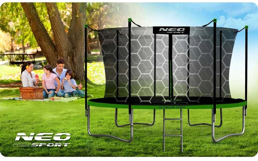 Sodo trampolinas 435 cm su vidiniu apsauginiu tinklu ir kopėčiomis, didelis lauko trampolinas, apvalus trampolinas vaikams, trampolinas kieme
