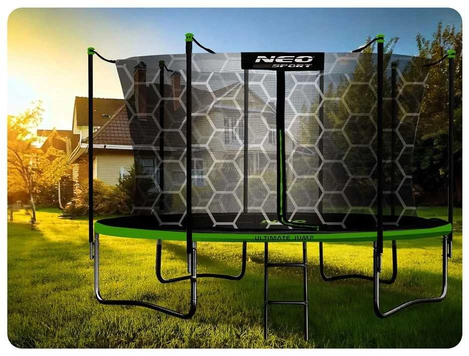 Sodo trampolinas 435 cm su vidiniu apsauginiu tinklu ir kopėčiomis, didelis lauko trampolinas, apvalus trampolinas vaikams, trampolinas kieme