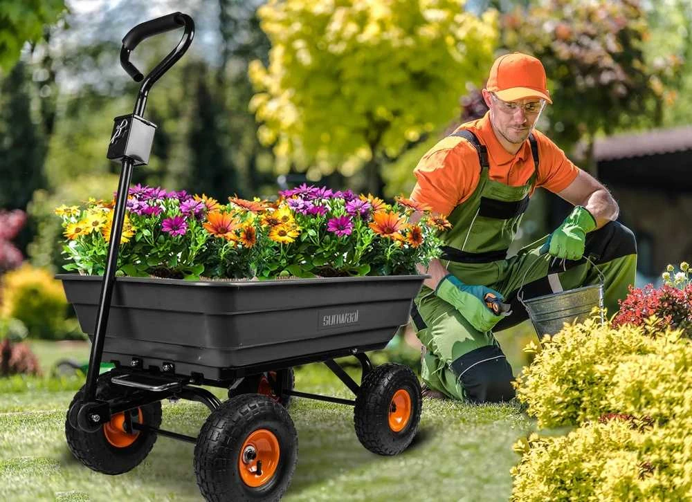 Sodo vežimėlis, transportavimo vežimėlis, sunkiasvoris sodo išvertimo vežimėlis, 75L talpa, 300kg keliamoji galia