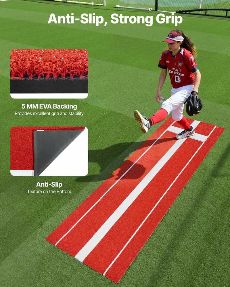 Softbolo metimo kilimėlis, beisbolo metimo guminis kalnelis, 305x92cm treniruočių pagalbinė priemonė, greitojo metimo įranga metikams, vidaus lauko treniruočių kilimėlis