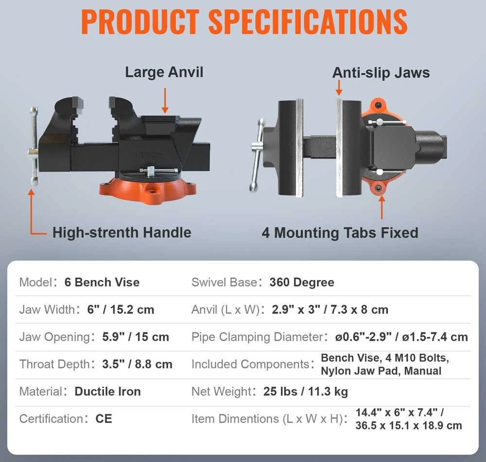 VEVOR 6" spaustuvas su priekalu ir 360° reguliuote