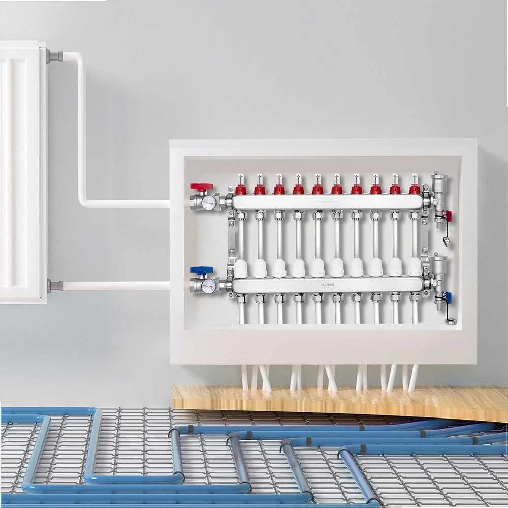 Spindulinio šildymo kolektorius grindų šildymui, 10 atšakų su SUS304 nerūdijančiu plienu, didelis srautas, PEX vamzdžių kolektoriaus komplektas, šildymo sistemos skirstytuvas