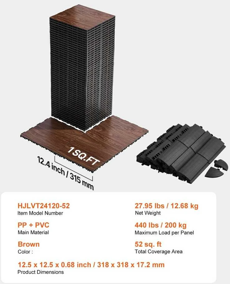 Sporto salės grindų dėlionės kilimėliai, PP ir PVC guminės plytelės, 52 vnt., neslystančios, triukšmą slopinančios, mankštos, šokių, treniruočių kilimėliai