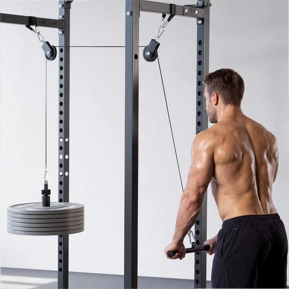 Sporto stovo skriemulių sistema nugaros ir kėlimo pratimams, dvigubos rankenos plieniniai trosai 150 kg galia, namų sporto salės skriemulio priedas troso treniruoklis bicepsams ir nugarai, jėgos sporto įranga