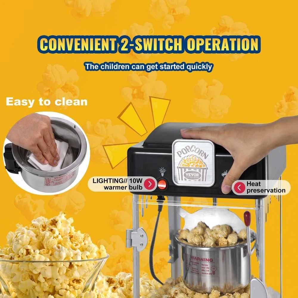 Spragėsių gaminimo aparatas 300W, 2.5L virdulys, 4L partija, stalinis, kino teatro stiliaus, namų vartojimui. Spragėsių pūtimo mašina su LED apšvietimu ir šildymo funkcija