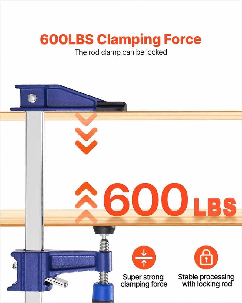 VEVOR Sraigtiniai gnybtai medžio apdirbimui, 4 vnt. komplektas su 91.4 cm atsidarymu, užrakinamas F formos gnybtas su 272 kg apkrova, 63.5 mm gylis, spaustuvai staliams ir metalo apdirbimui