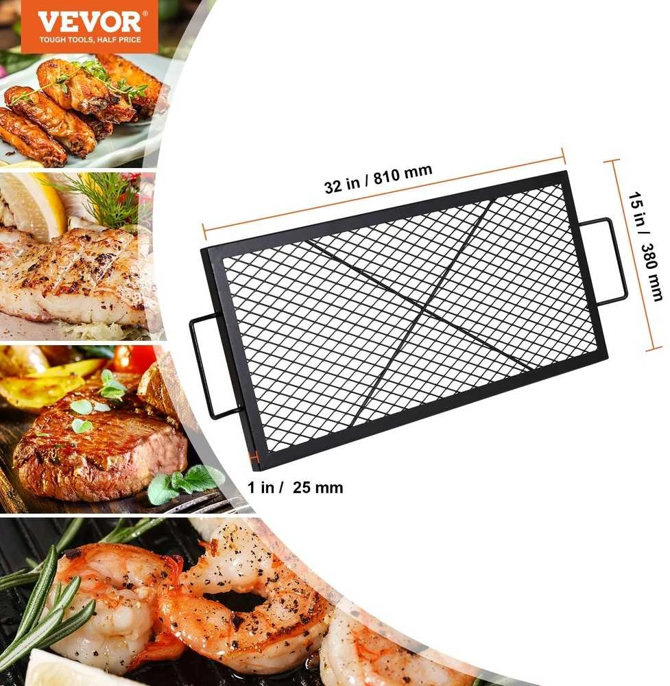 Stačiakampė kepsninė laužavietei 810x380x25 mm, tvirto plieno, lauko griliui, BBQ grotelės, kepimo grotelės