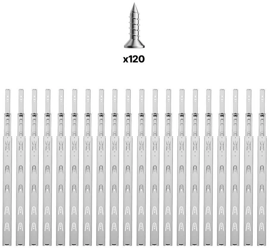 Stalčiaus bėgeliai šoninio tvirtinimo, 600 mm, 10 porų, 45 kg, spintos, knygų lentynos, kosmetinio staliuko, komodos, stalčių remontui