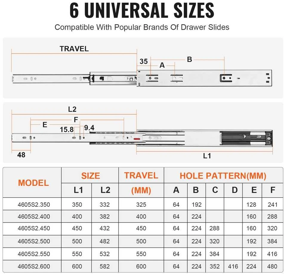 VEVOR 406.4 mm švelniai užsidarantys stalčiaus bėgeliai, 6 poros