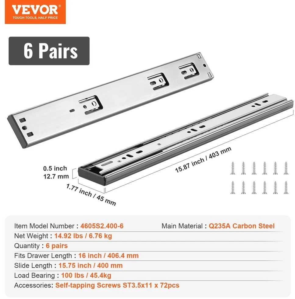 VEVOR 406.4 mm švelniai užsidarantys stalčiaus bėgeliai, 6 poros