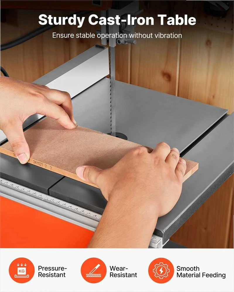 Stalinis juostinis medžio pjūklas, 373W, 160 mm pjovimo aukštis, 335x340 mm ketaus stalas, 360° žibintas, kampinis ribotuvas ir kreipiančioji, staklės baldų gamybai ir drožybai