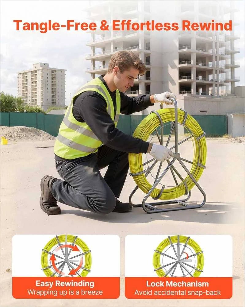 Stiklo pluošto kabelių traukimo juosta, 100 m 6.3 mm vielos traukiklis su stovu ir užrakinimo mechanizmu, sienoms grindims elektros vamzdžiams, nelaidus kanalų strypas, kabelių tiesimo įrankis