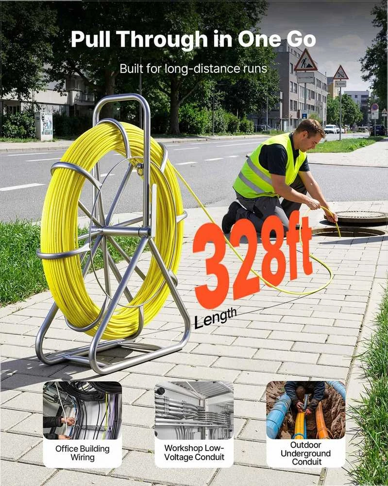Stiklo pluošto kabelių traukimo juosta, 100 m 6.3 mm vielos traukiklis su stovu ir užrakinimo mechanizmu, sienoms grindims elektros vamzdžiams, nelaidus kanalų strypas, kabelių tiesimo įrankis