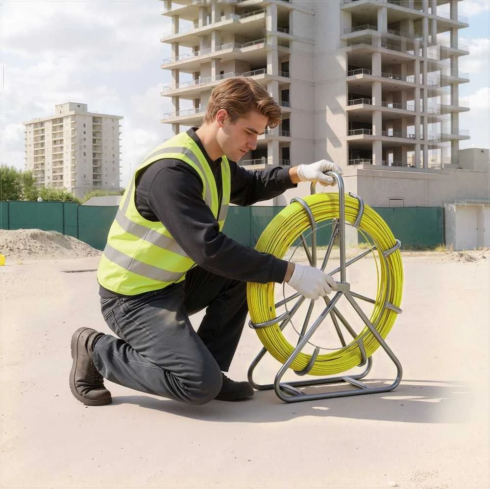 Stiklo pluošto kabelių traukimo juosta, 100 m 6.3 mm vielos traukiklis su stovu ir užrakinimo mechanizmu, sienoms grindims elektros vamzdžiams, nelaidus kanalų strypas, kabelių tiesimo įrankis