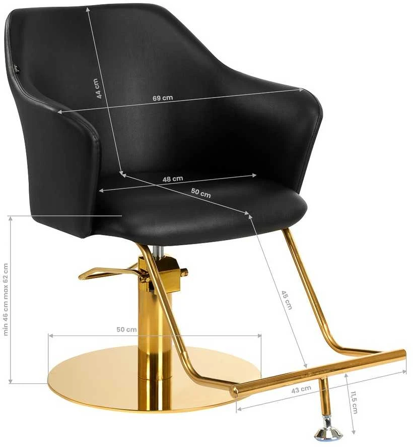 Stilisto kėdė, hidraulinė kirpyklos kėdė, juoda ir aukso salono kėdė, ergonomiška kirpėjo kėdė, pasukami salono baldai