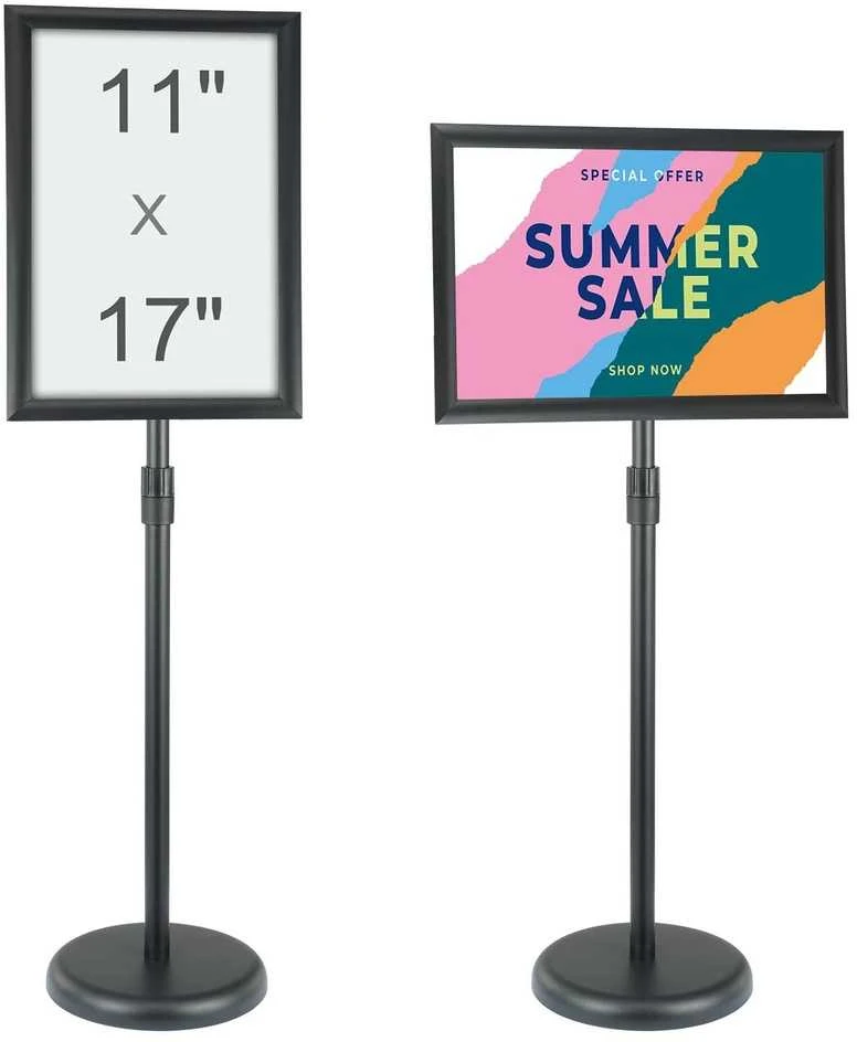 Stovas plakatams, Reguliuojamas aukštis, Pasukamas rėmas, Tvirtas pagrindas, Lengvas plakato keitimas