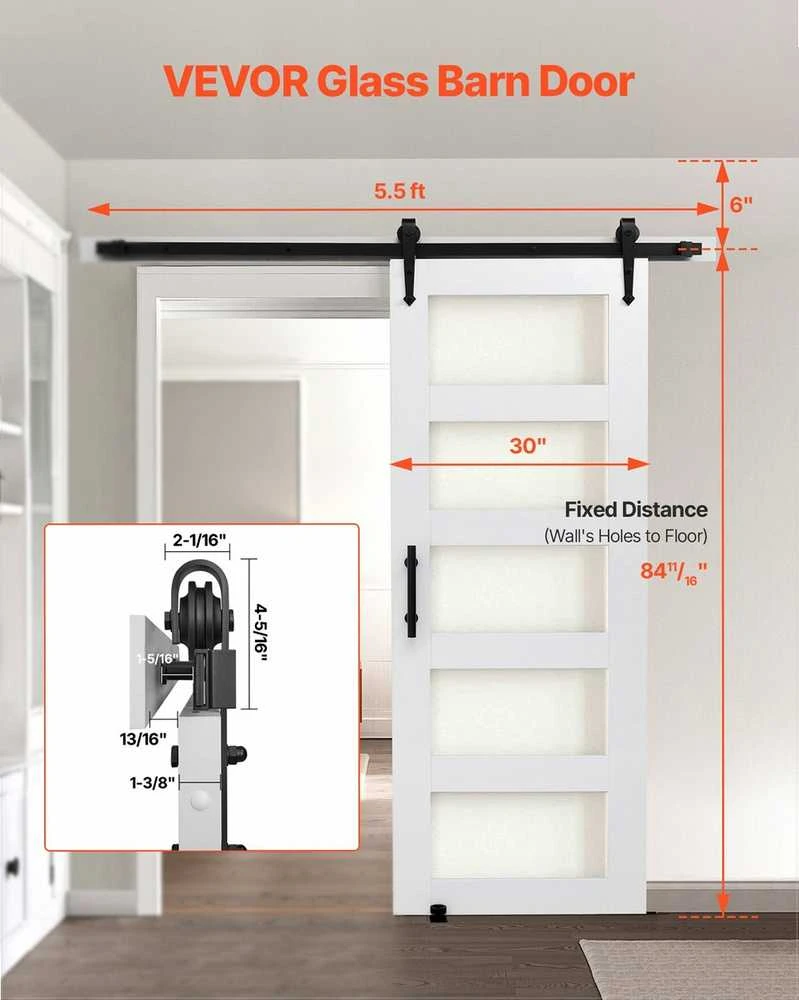 Stumdomos svirno tipo vidaus durys su stiklu ir aparatūra, MDF, vandeniui atsparus PVC, H rėmas, 762x2134 mm, baltos spalvos, tylus slydimas