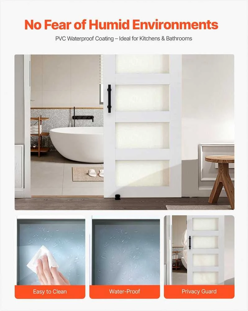 Stumdomos svirno tipo vidaus durys su stiklu ir aparatūra, MDF, vandeniui atsparus PVC, H rėmas, 762x2134 mm, baltos spalvos, tylus slydimas