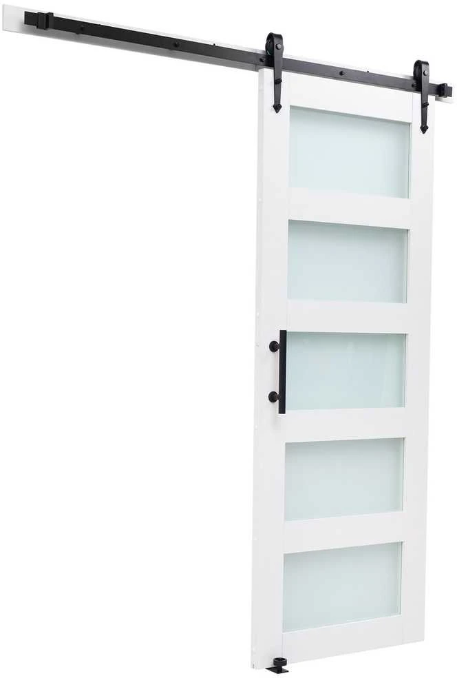 Stumdomos tvarto durys 91.4x213.4cm, MDF, matinis stiklas, baltos, voniai, virtuvei, svetainei, lengvas montavimas, tylus veikimas, slankiojančios, medžio plokštės
