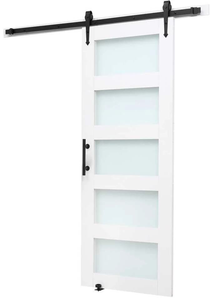 Stumdomos tvarto durys 91.4x213.4cm, MDF, matinis stiklas, baltos, voniai, virtuvei, svetainei, lengvas montavimas, tylus veikimas, slankiojančios, medžio plokštės