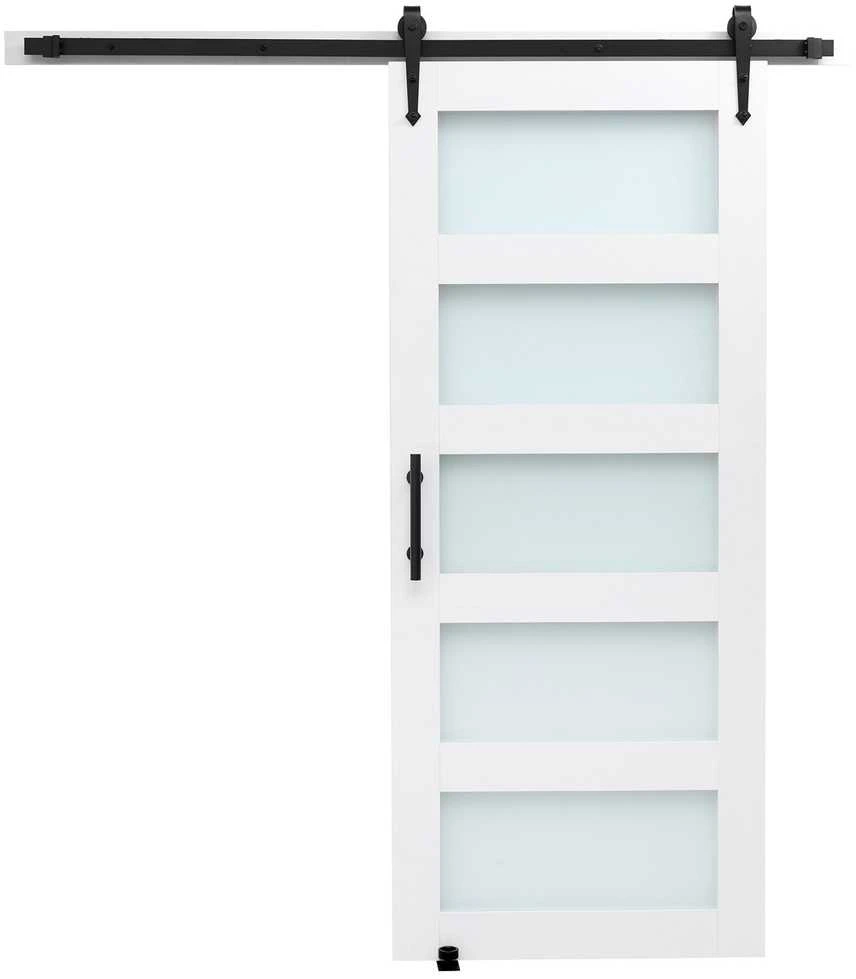 Stumdomos tvarto durys 91.4x213.4cm, MDF, matinis stiklas, baltos, voniai, virtuvei, svetainei, lengvas montavimas, tylus veikimas, slankiojančios, medžio plokštės