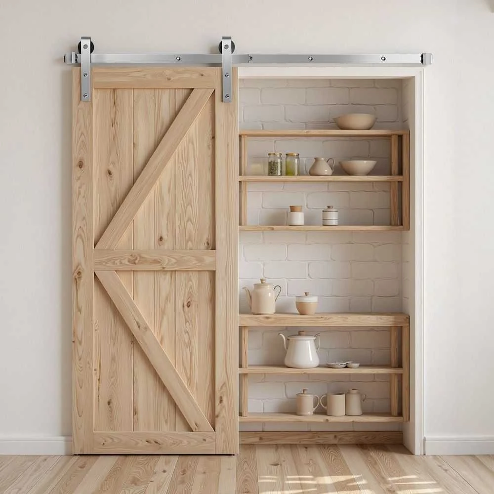 Stumdomų durų apkaustų rinkinys, tvirtas bėgelis, J formos ratukai, vidaus durims, kaimiško stiliaus durų rinkinys, 76.2 cm durų plotis