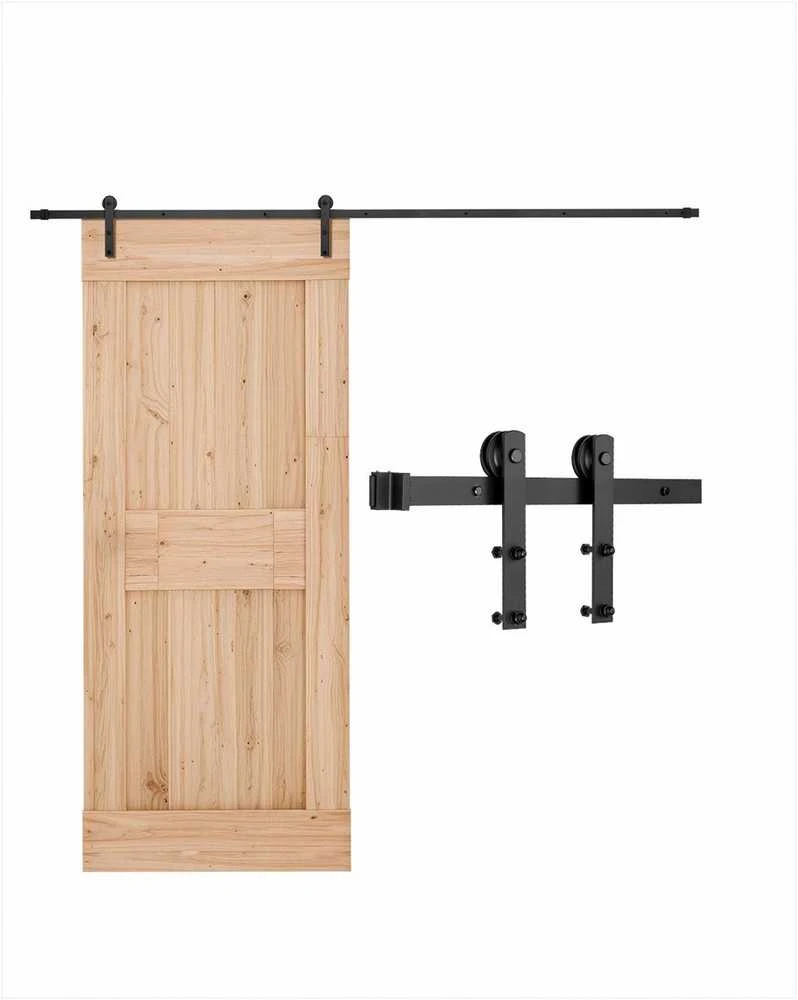 Stumdomų kluono tipo durų furnitūros rinkinys vienguboms durims, patvarus anglinio plieno bėgis su I formos ritinėliu, 3 m ilgio, juodas durų stumdymo mechanizmas, tvirta durų furnitūra