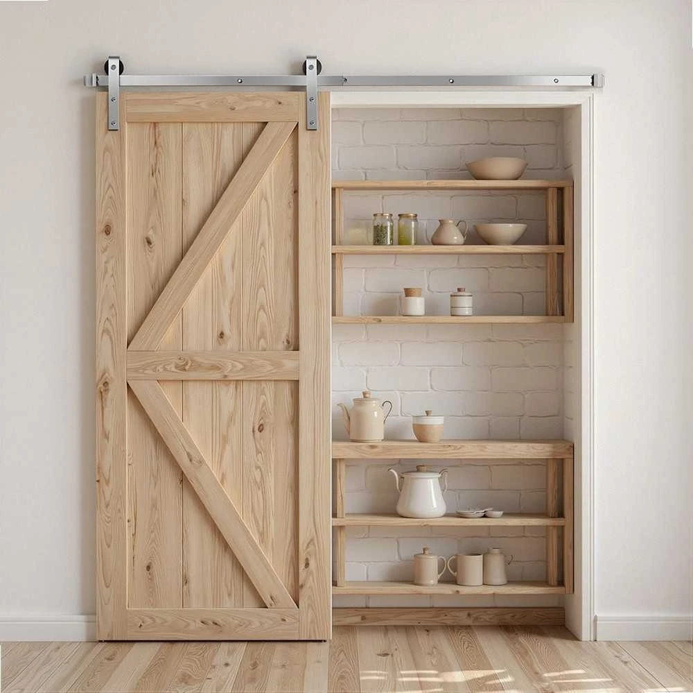 Stumdomų svirno durų furnitūros rinkinys vienguboms durims, patvarus anglinio plieno bėgelis su J formos ritinėliais, 2000 mm ilgis, lengvai montuojamas svirno durų komplektas, stumdomų durų mechanizmas