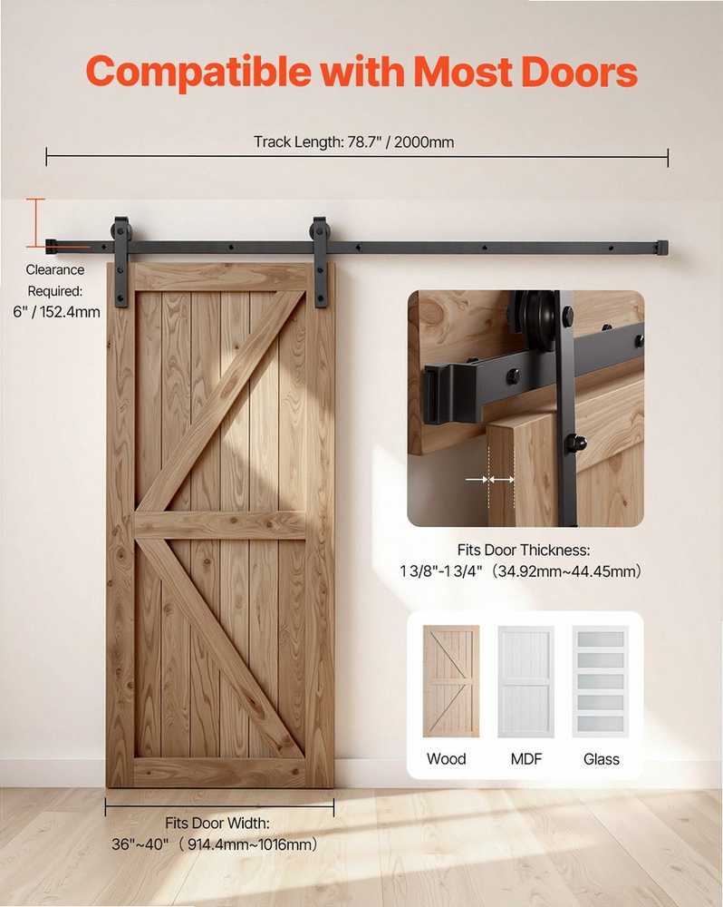 Stumdomų svirno tipo durų apkaustų rinkinys vienerioms durims iki 102 cm pločio, patvarus anglinio plieno bėgelis su J formos ritinėliais, juoda 2m stumdomų durų sistema, bėgių komplektas